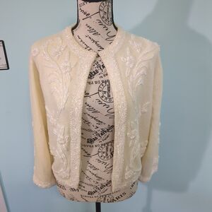 Vintage creme Angora Wool Beaded Cardigan Sweater Floral medium hupps Tokyo tra
